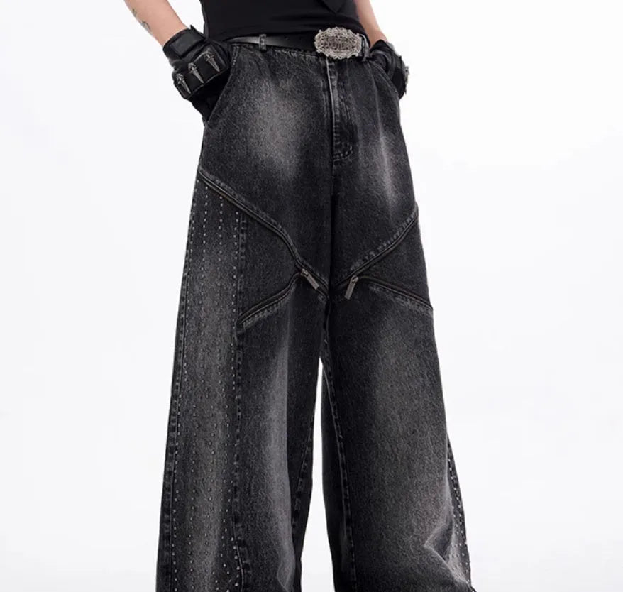 Korean style two-piece set with structure zipper wide leg pants and matching top in black and grey washed cotton denim