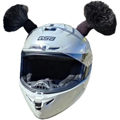 Pair of 8cm tall braided helmet decorations with non-marking adhesive, shown in multiple colour options.