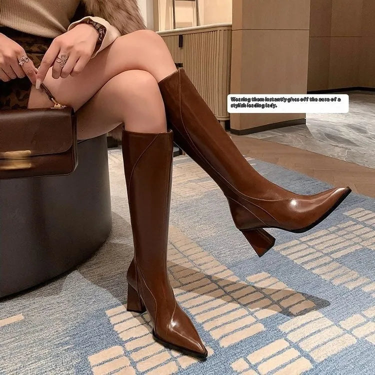 Women's brown retro cowhide high heel riding boots with a waterproof platform sole
