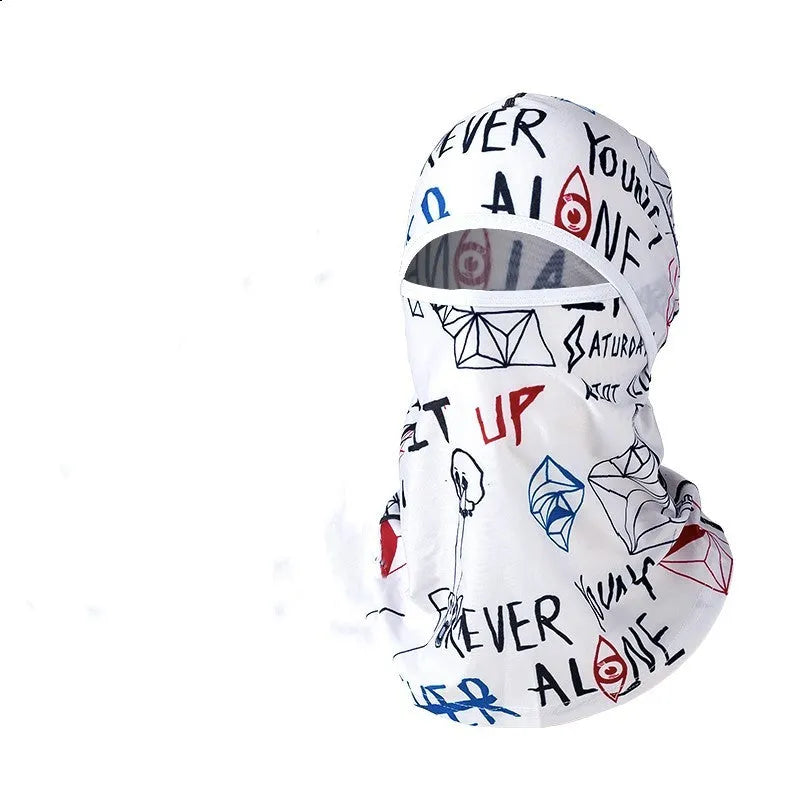 Cotton motorcycle head cover in a dome style with a patterned design, shown with matching gloves.