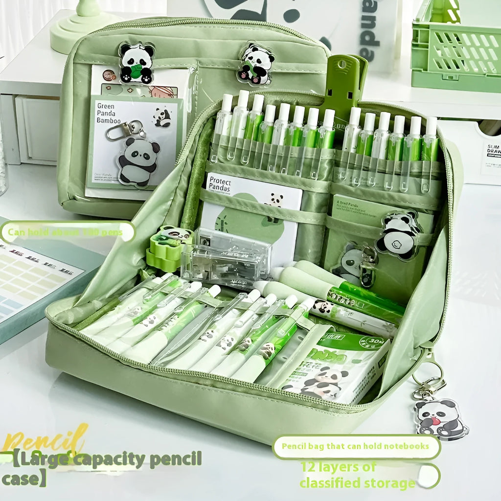 Green canvas pencil case with panda design featuring 12 internal layers for organising pens and stationery.