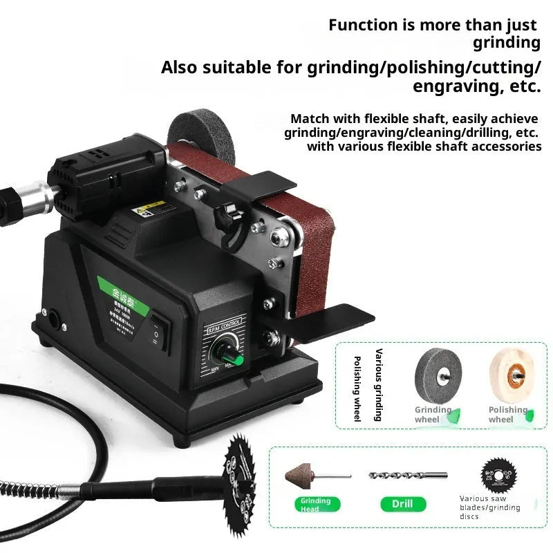 Small miniature desktop electric belt sander with variable speed, adjustable grinding bracket, and 10 abrasive belt, 110V US plug
