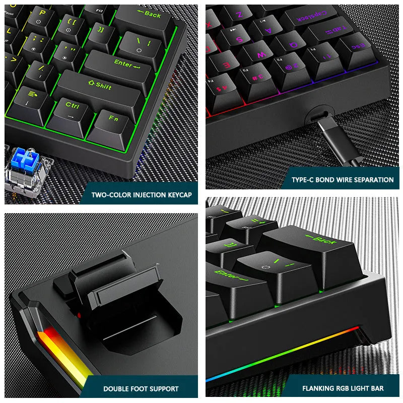 61-key mechanical keyboard, Type-C wired, seven-colour backlight, ABS body, 300x110x36mm, black blue pink white