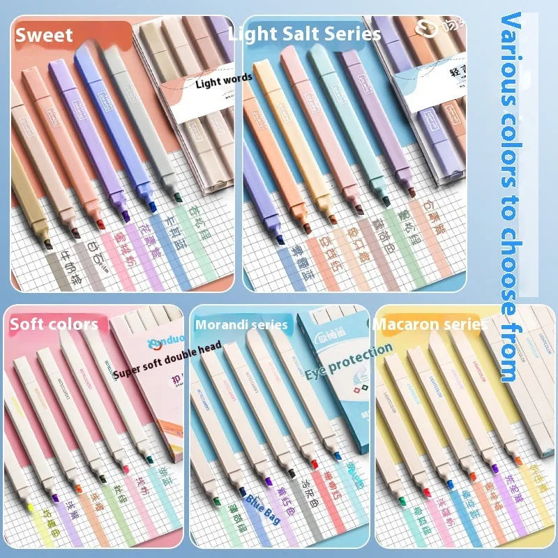 Double-headed fluorescent marking pen showing chisel and fine tips, with packs for Salt and Sweet series.