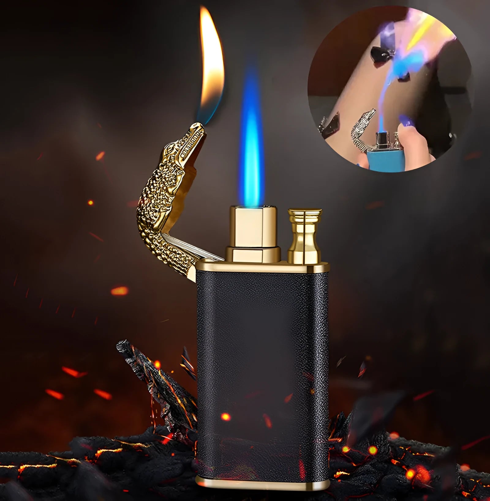 Double flame metal novelty lighter with dragon design showing blue jet fire.