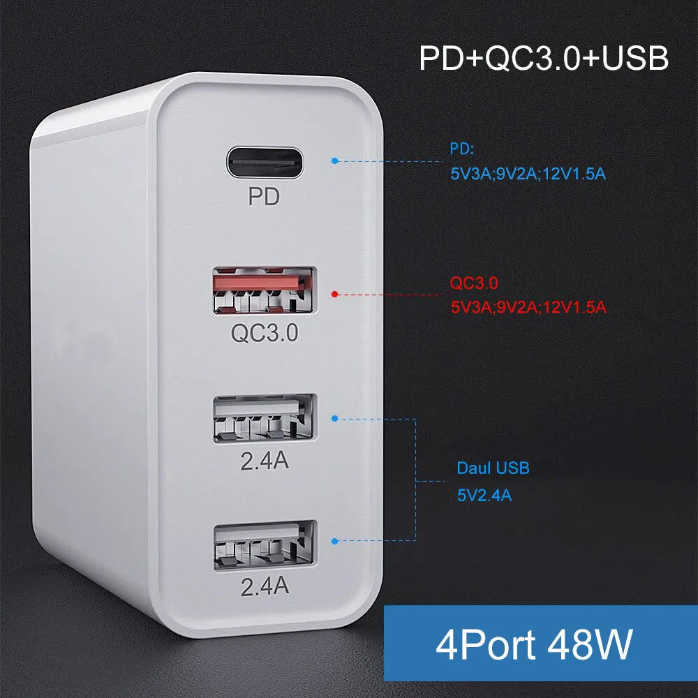 A white multi-port USB fast charger with UK plug and multiple USB-C and USB-A ports on a wooden table.