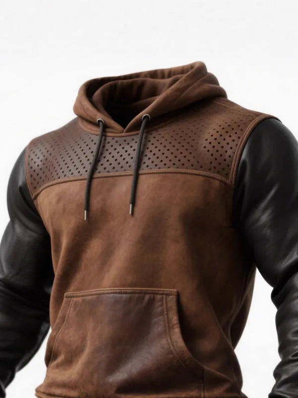 Men's retro brown hooded sweatshirt with decorative perforated detail, thin suede-style pullover, long sleeves, sizes S to XXXL