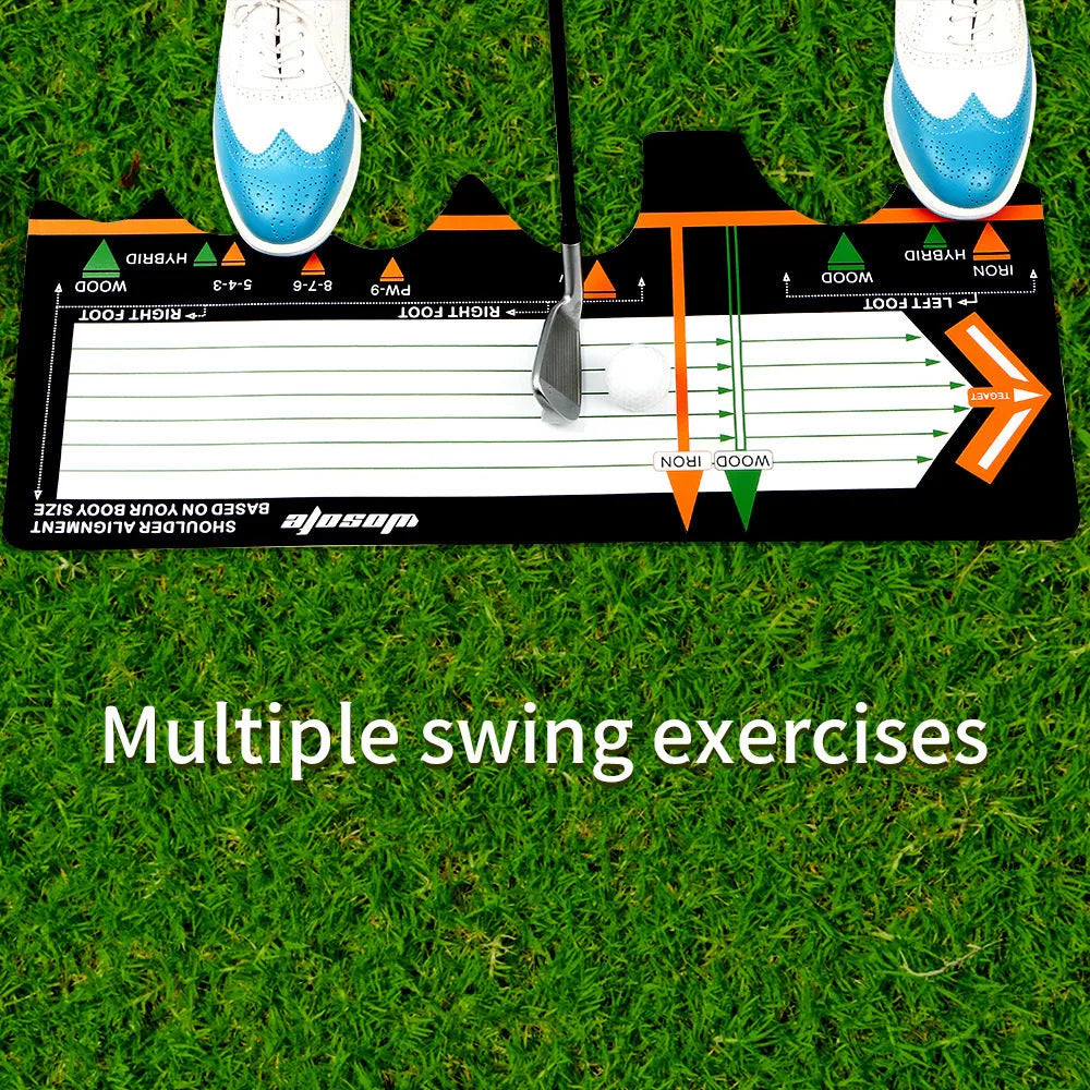 Black neoprene golf swing stance correction training pad on grass
