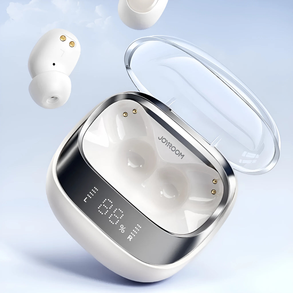 Beige wireless in-ear Bluetooth headphones with a compact white charging case on a table