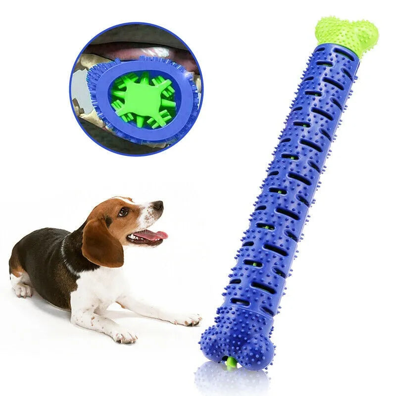 Blue and green dog chew toy toothbrush with treat dispenser on white background