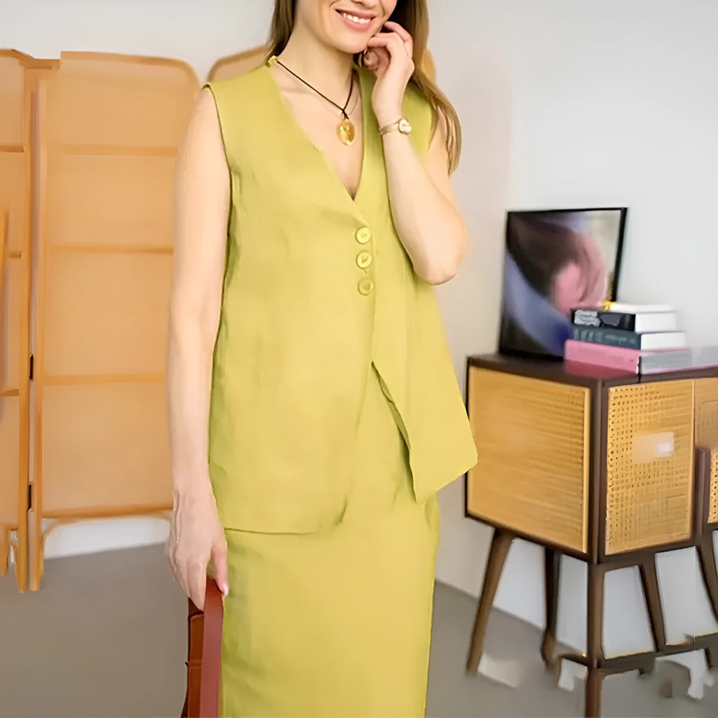 Women's blue casual two-piece suit with sleeveless vest and long skirt on a hanger.