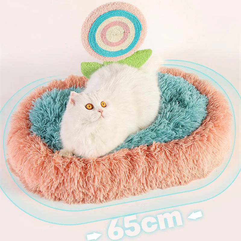 Pink elliptical lollipop design cat bed with thick plush material and removable washable cover