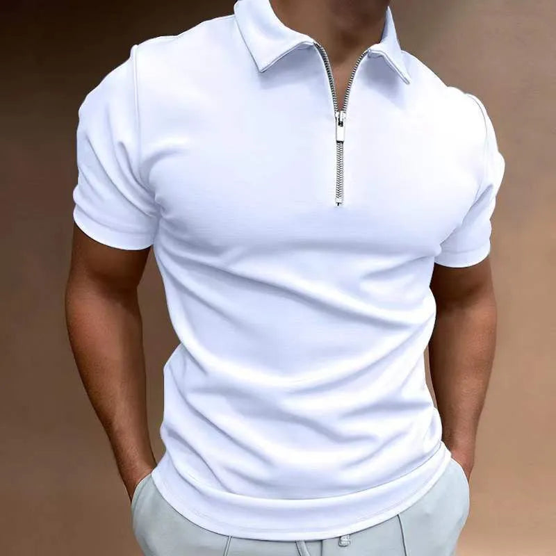 Men's short sleeve polo shirt with a digital print pattern, shown in a loose casual fit.