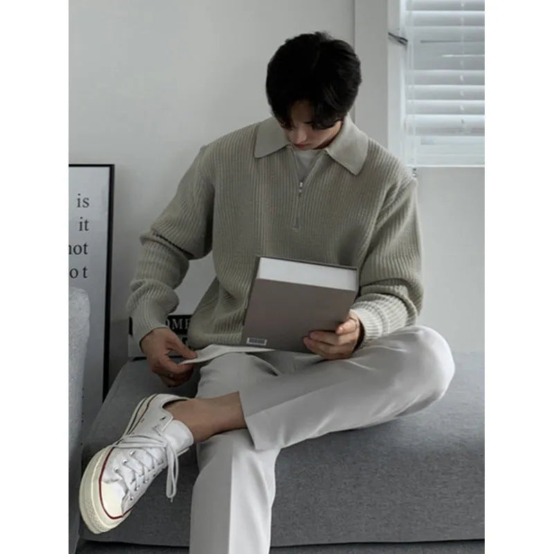 Long-sleeved sweater coat in solid colour, 100% polyester fibre, no-ironing treatment, available in khaki, grey, black, Asian sizes M-XXXL