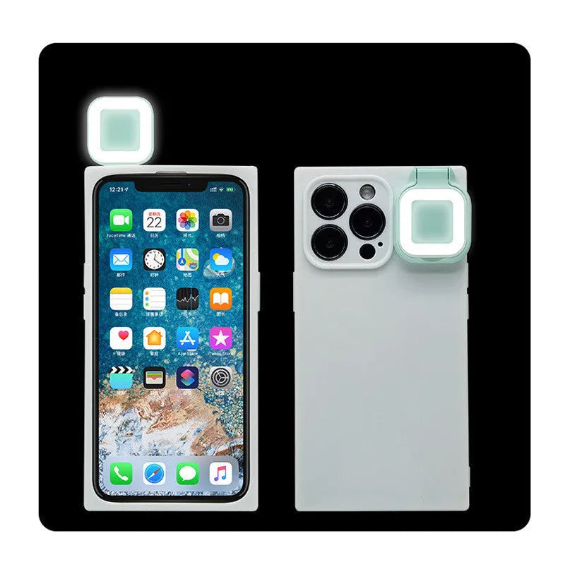 Ring flash mobile phone case with LED light for iPhone 13 in pink, white, or green colour options