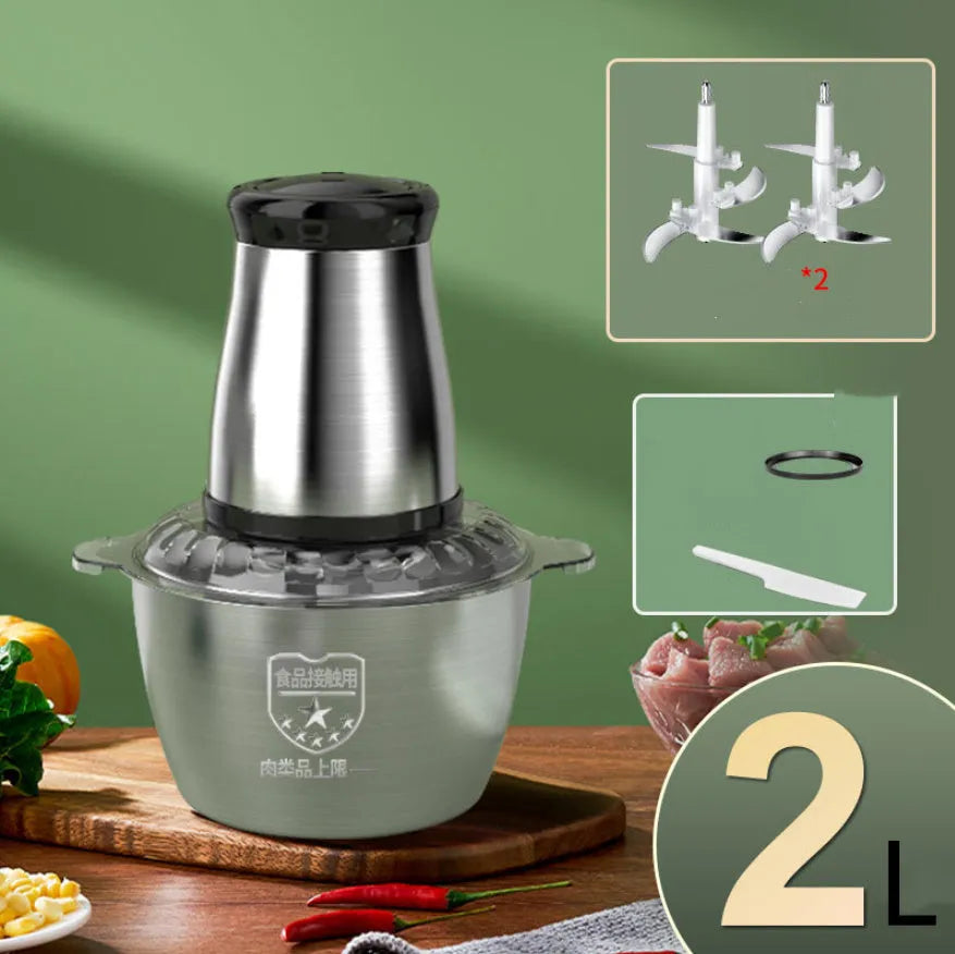 Stainless steel meat grinder with 2L bowl, 2 sets of knives, and adjustable speed control on a kitchen counter