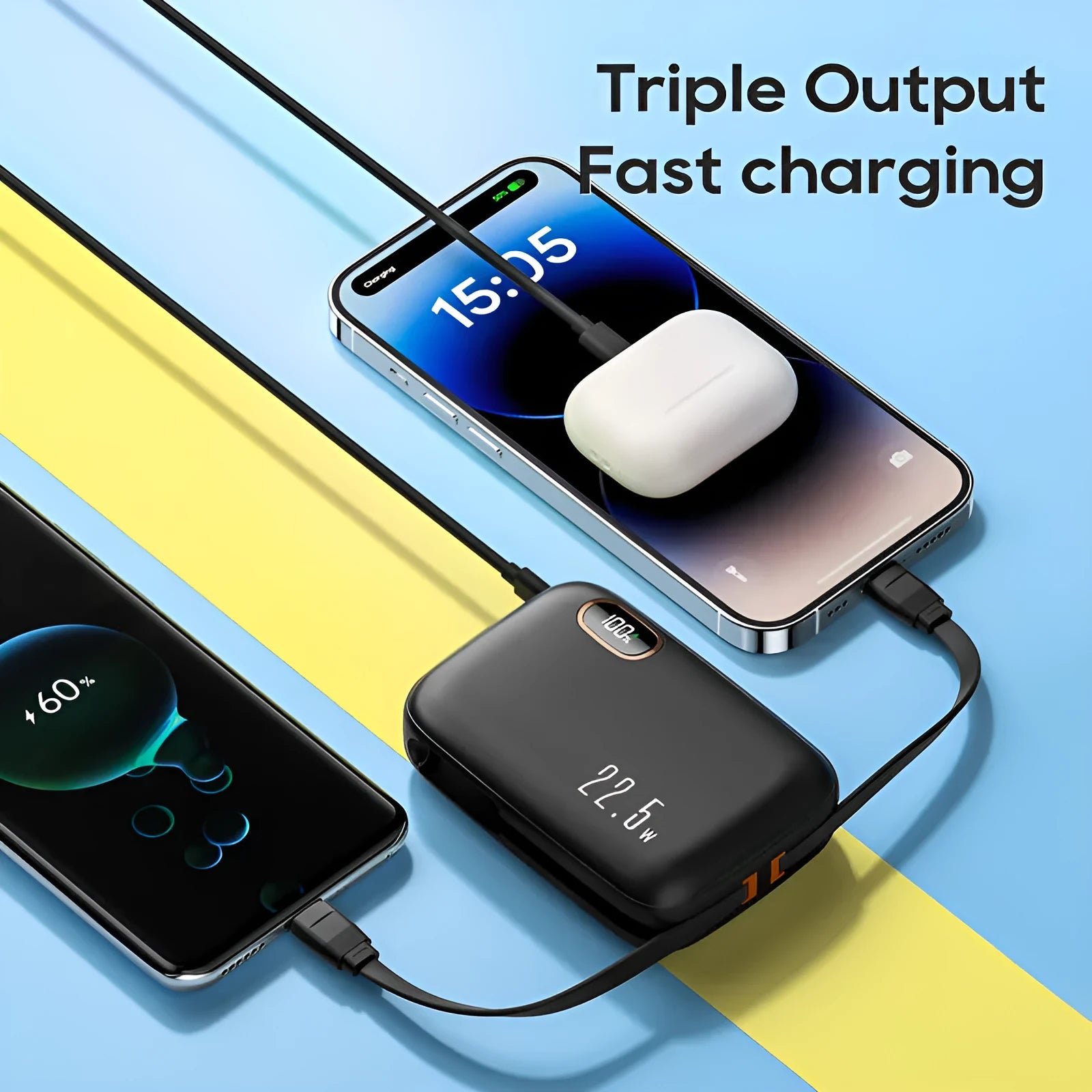 PD22.5W fast charging power bank with digital display, 10000mAh, black plastic shell, includes cable