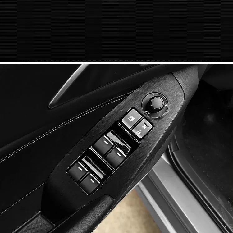 Decorative film sticker kit for car interior dashboard, centre console, and door handle customisation in carbon fibre or woodgrain patterns