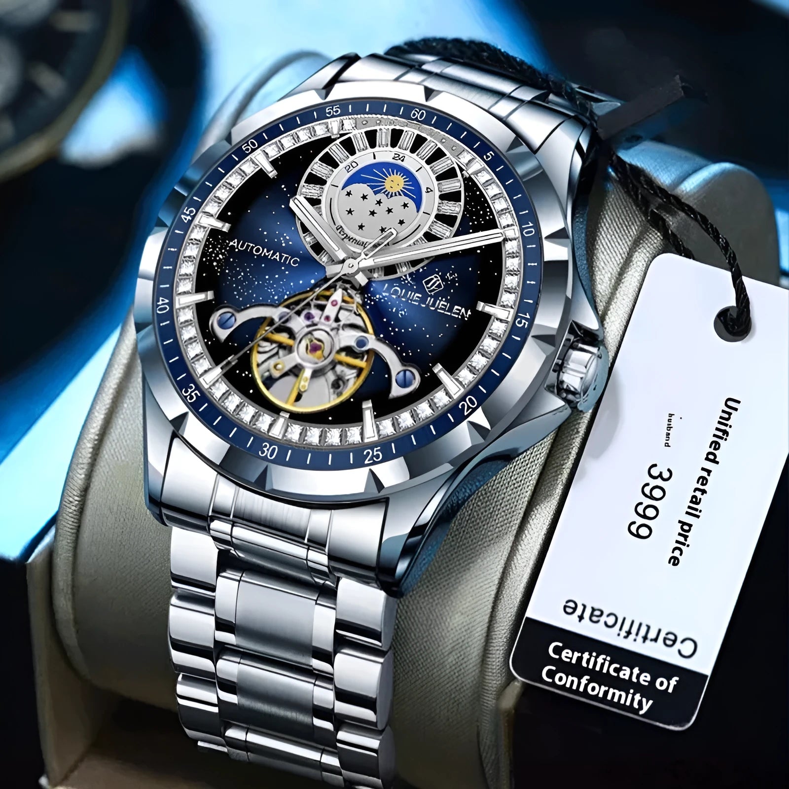 Silver and blue men's automatic mechanical watch with stainless steel strap on a wrist
