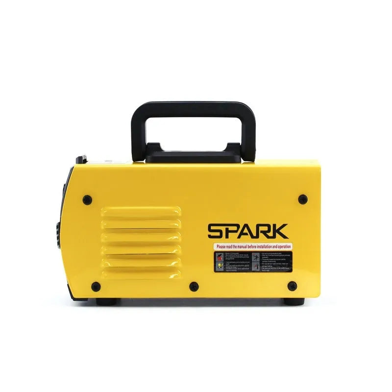 MMA-200MIN compact inverter DC welding machine with welding tongs, grounding clamp, and face shield on a workbench.