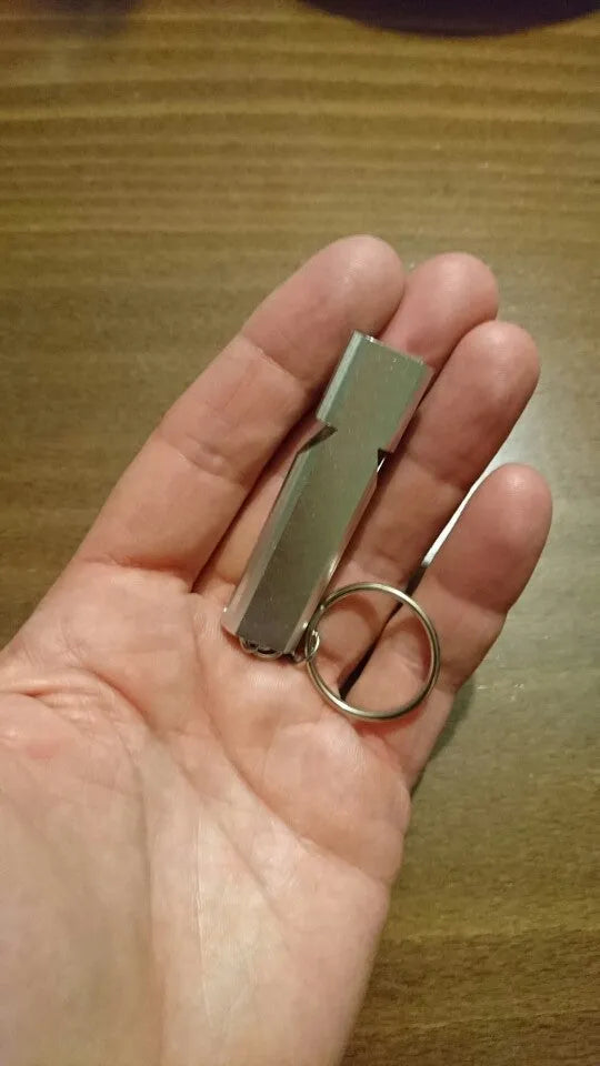 Double hole aluminium alloy whistle in silver and gold colours for outdoor survival signalling