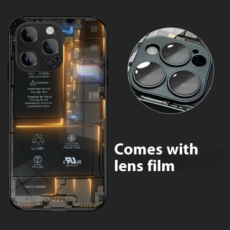 Black glass phone case with creative circuit board design and included lens protector for iPhone