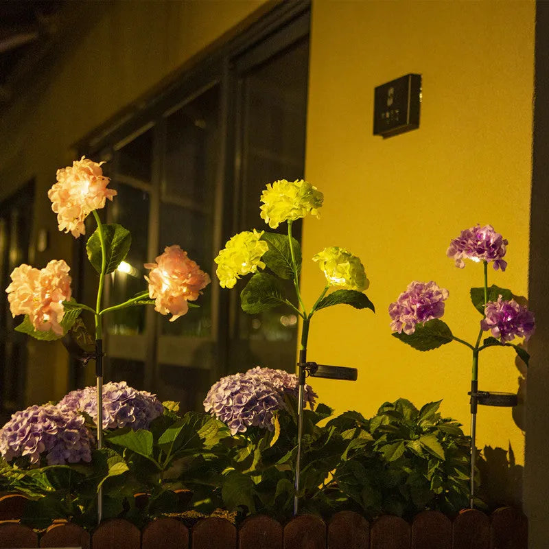 Solar hydrangea garden lights in five colours with rubber construction for outdoor decoration