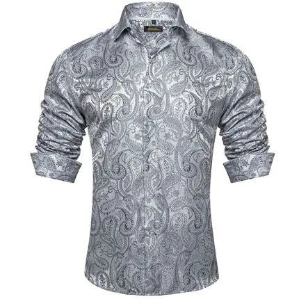 Men's polo collar long sleeve button top shirt with floral pattern, four-way stretch polyester, available in sizes S to 5XL