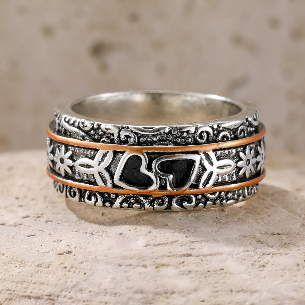 Silver women's personality love wide noodle ring on white background, size option visible
