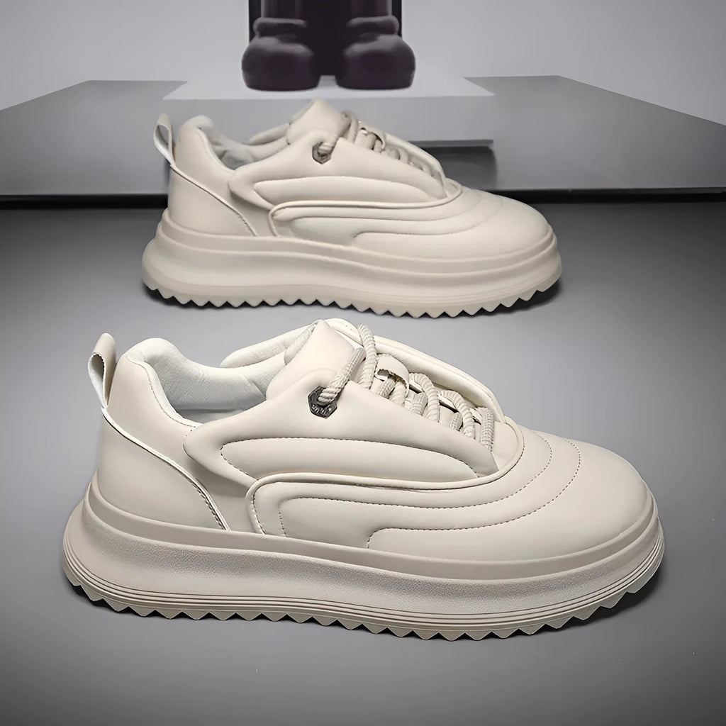 PU leather casual shoes with a thick sole and low heel in khaki, apricot, ivory white, and black knight colours.