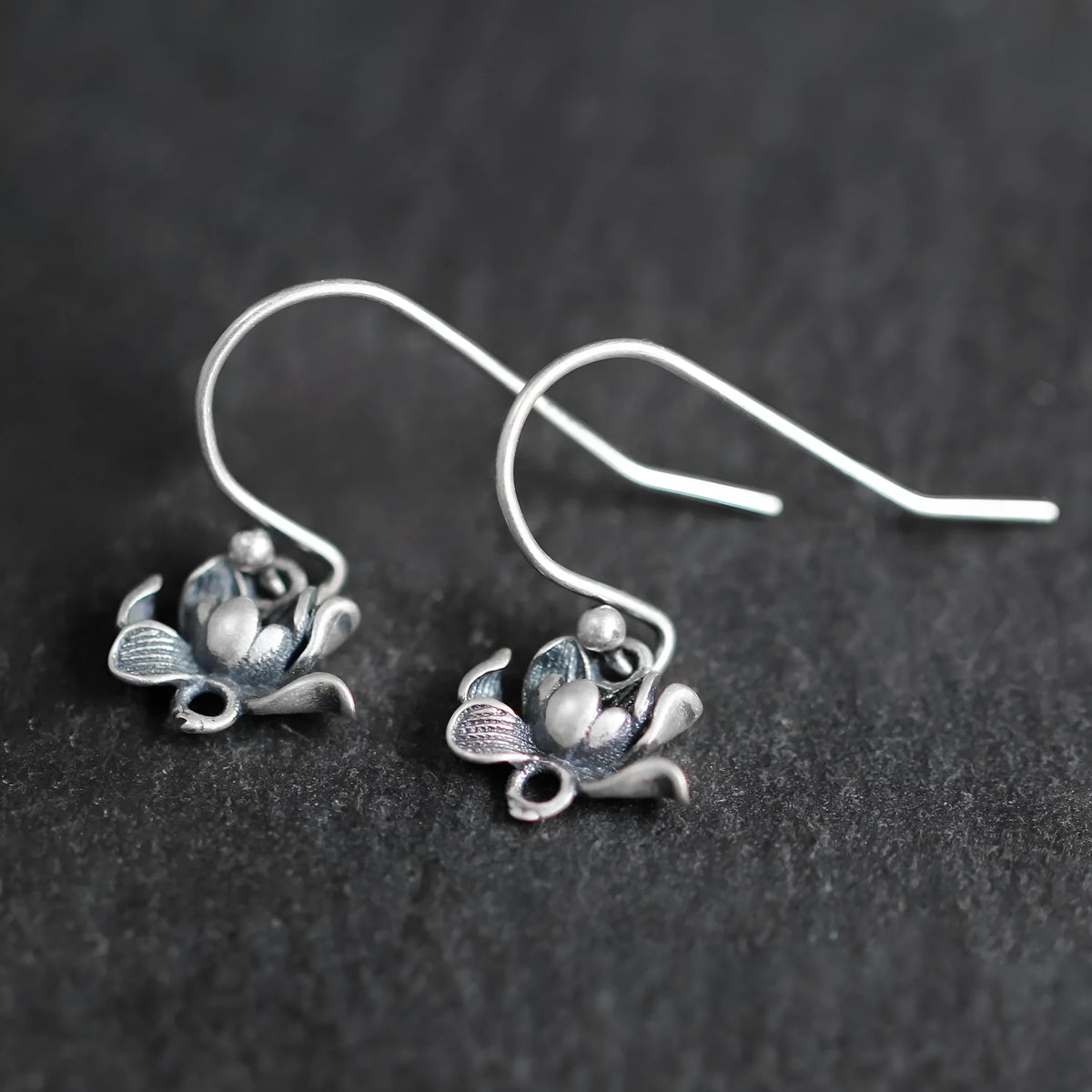 925 sterling silver lotus hook earrings for women, retro artistic flower shape, silver finish
