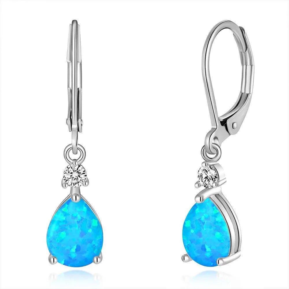 Blue water drop earrings for women with leaf, U-shaped and geometric copper zircon design