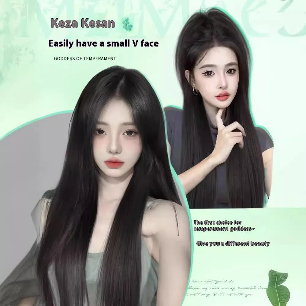 Female full-head wig with forehead lace construction in brown black synthetic high-temperature fibre