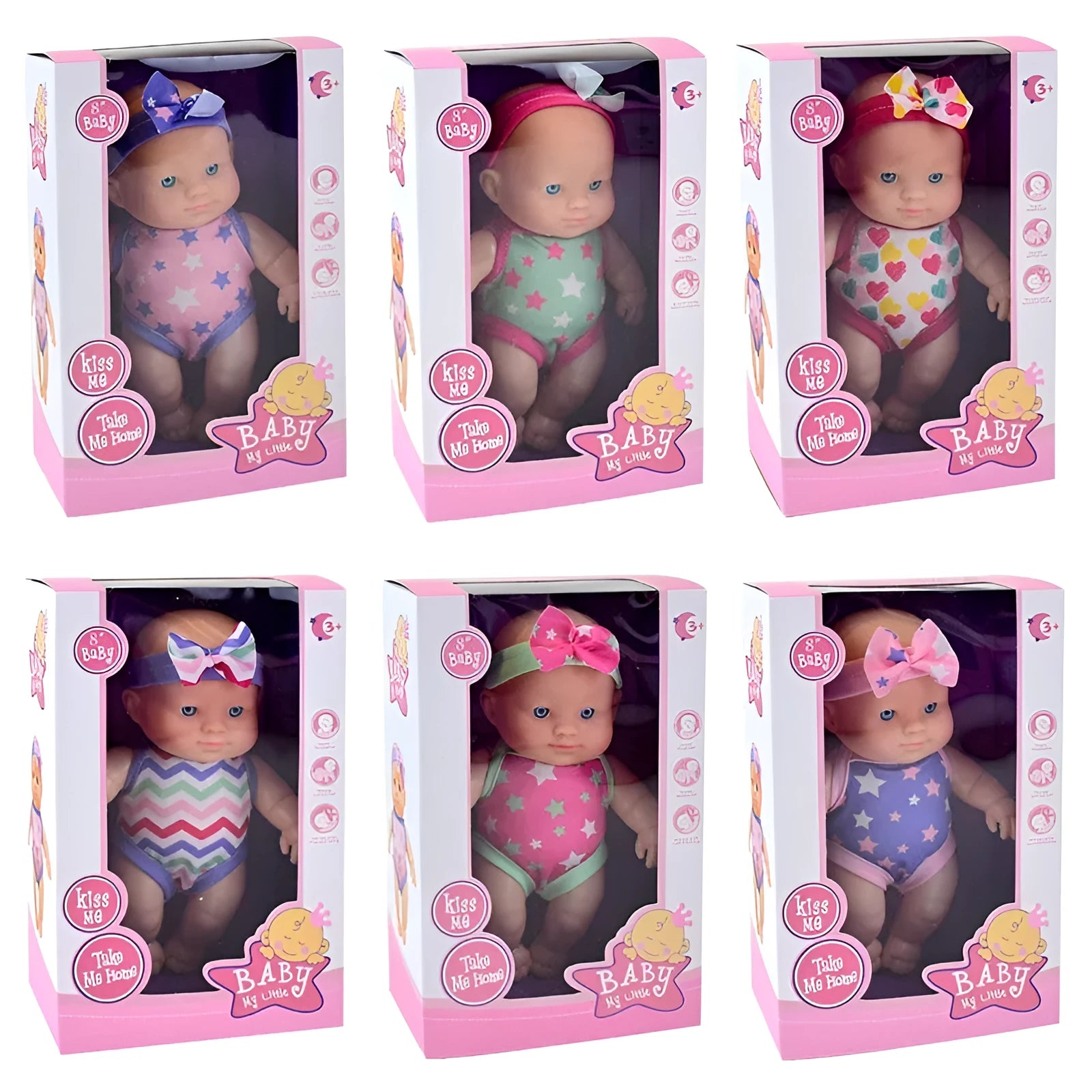 Vinyl baby figurine doll in display with colour variations and measurement scale