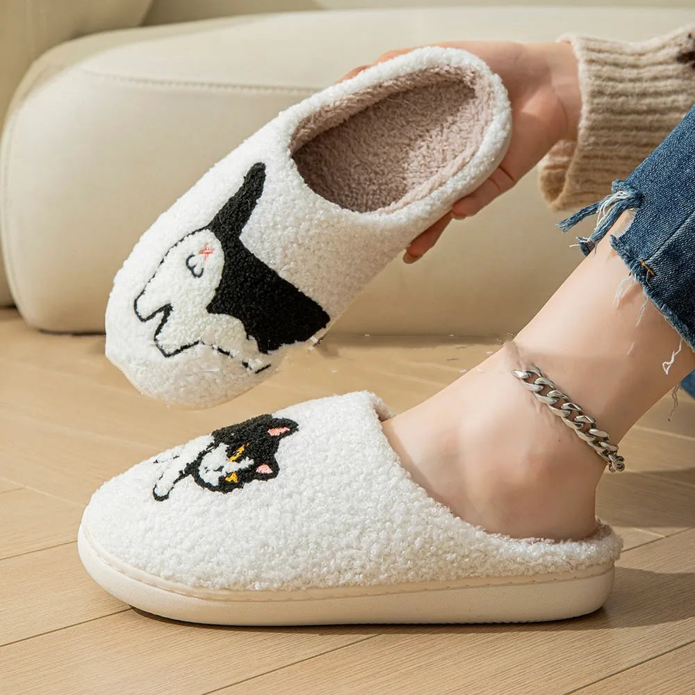 White cotton slippers with cartoon pattern, suede upper, artificial wool lining and non-slip TPR sole, sizes 36-45