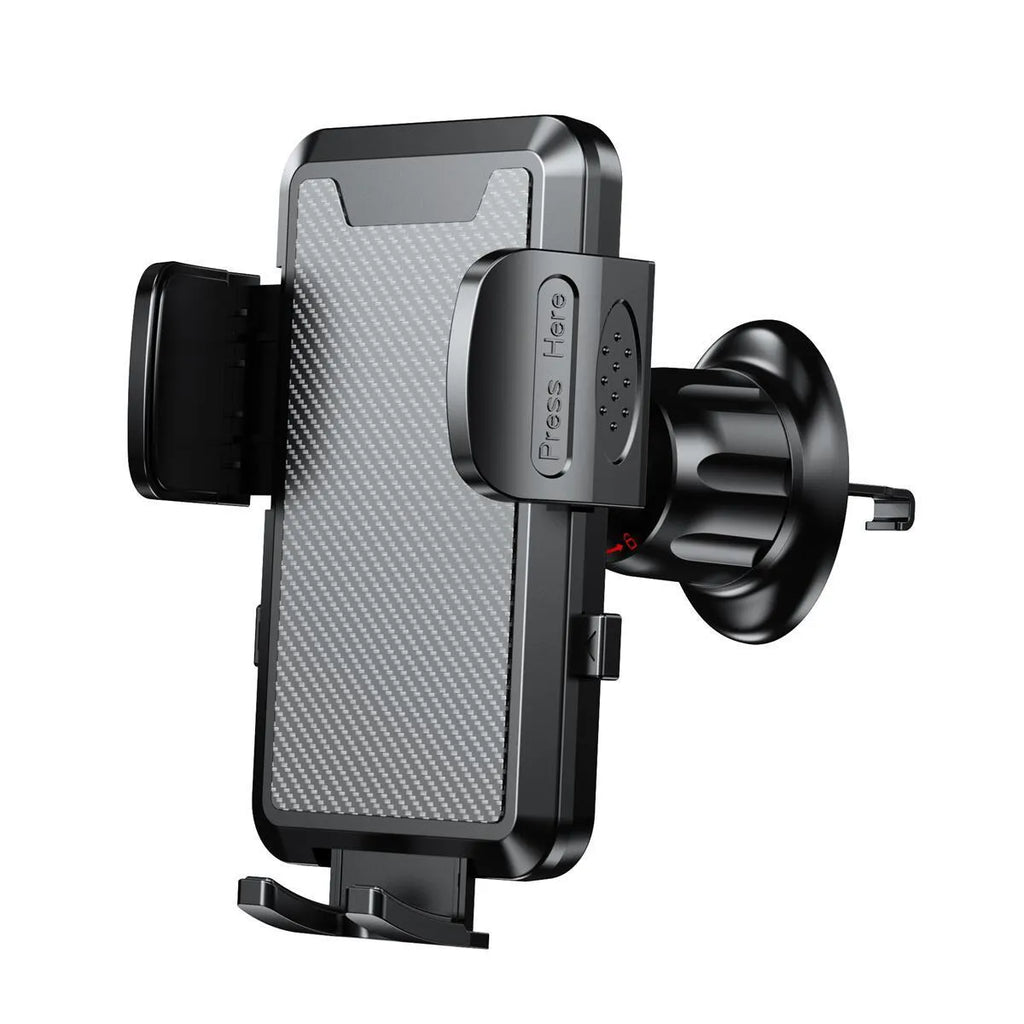 Car phone holder clipped onto a vehicle air conditioning vent, available in black, carbon fibre black, or grey plastic