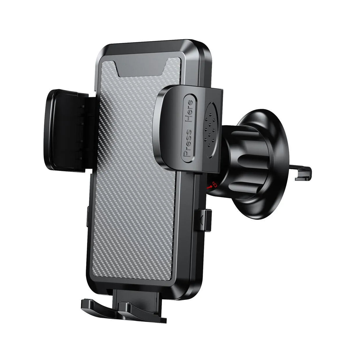 Car phone holder clipped onto a vehicle air conditioning vent, available in black, carbon fibre black, or grey plastic
