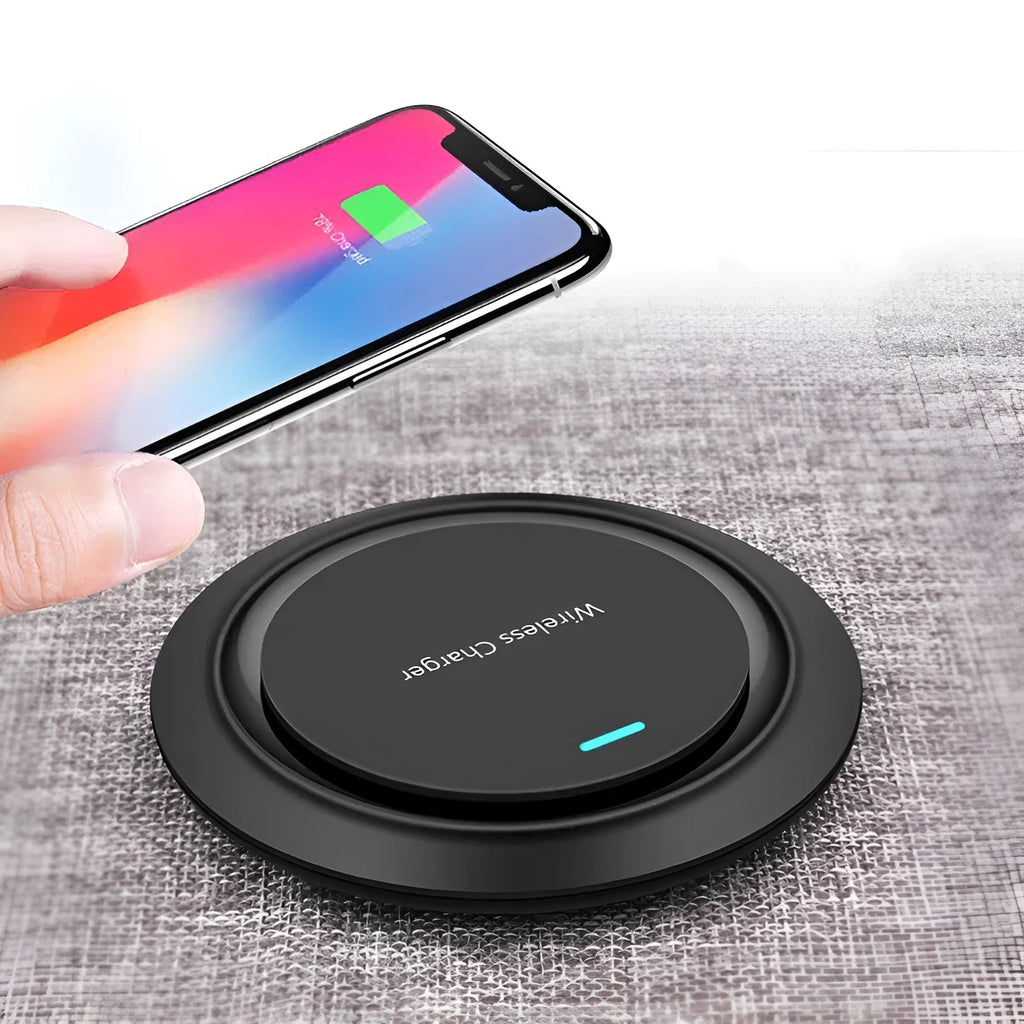 Round white desktop wireless phone charger with 10W fast charging capability