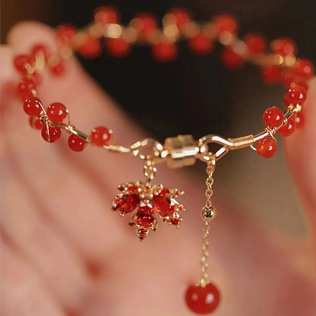 Red ginkgo leaf Chinese style magnetic bracelet with alloy construction