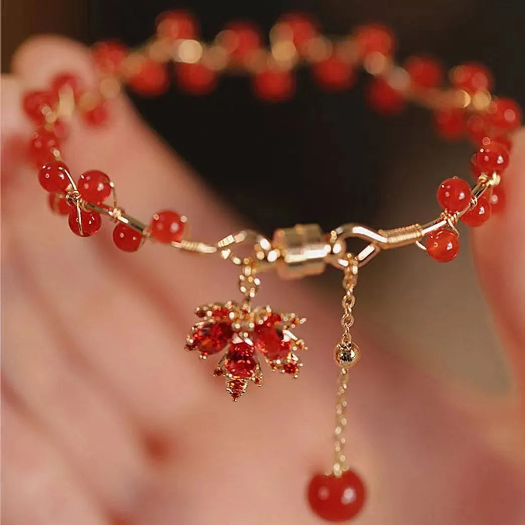 Red ginkgo leaf Chinese style magnetic bracelet with alloy construction