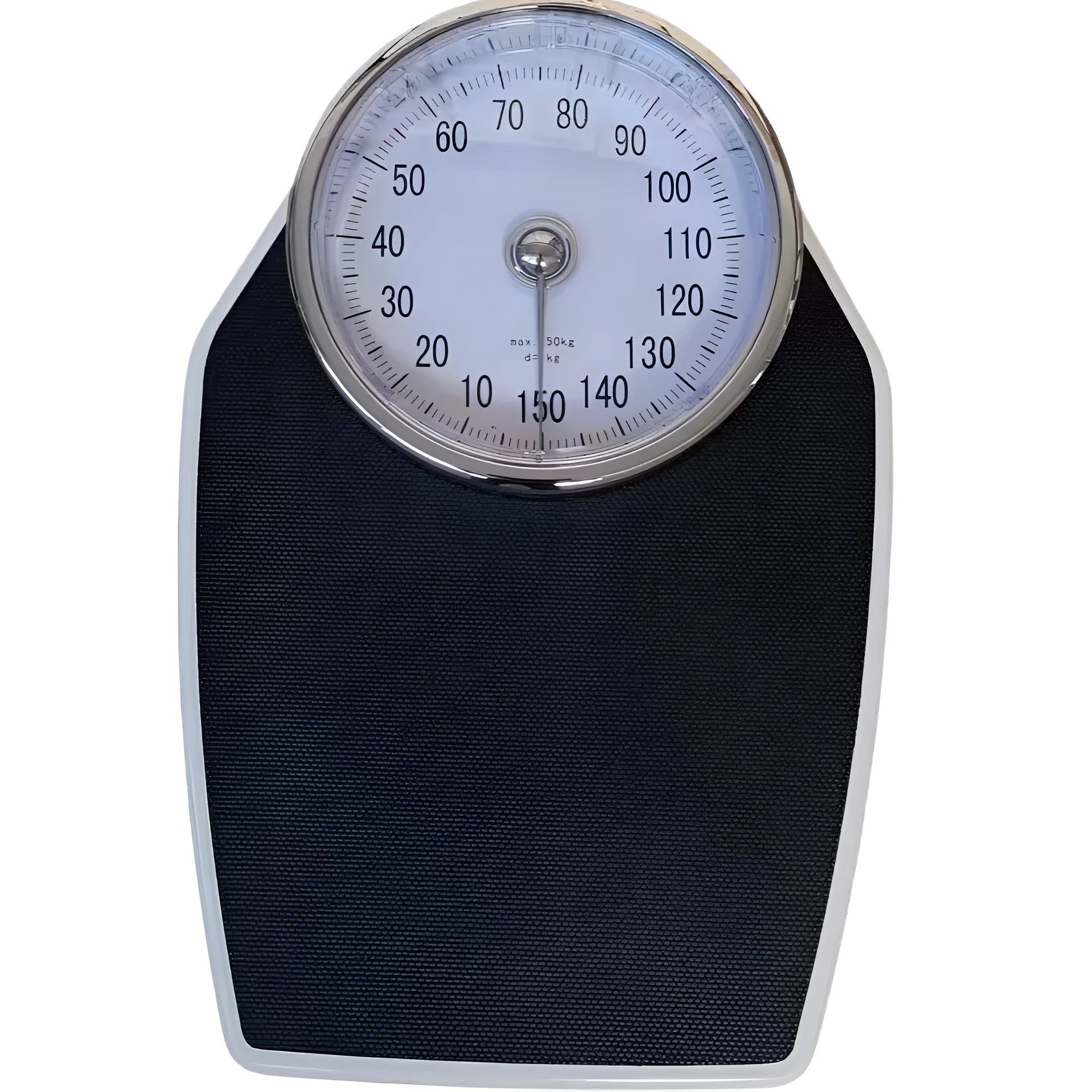 Black mechanical bathroom scale with large dial on a 47x35cm platform.