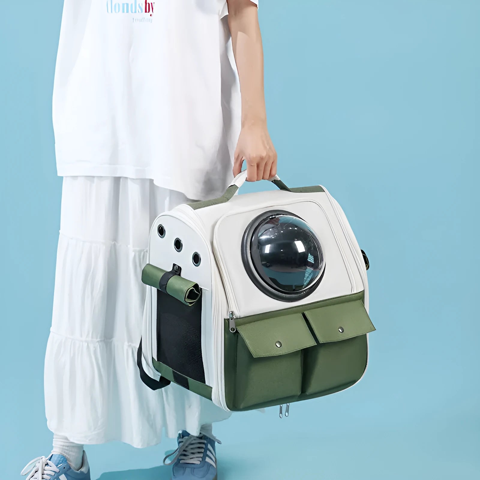 Cat space capsule portable large capacity pet backpack in khaki with green colour for cats up to 7kg
