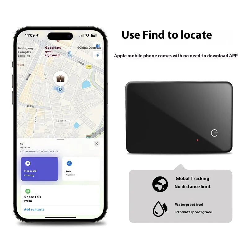 Black rectangular pet tracker card with hanging hole, showing NFC and wireless charging features