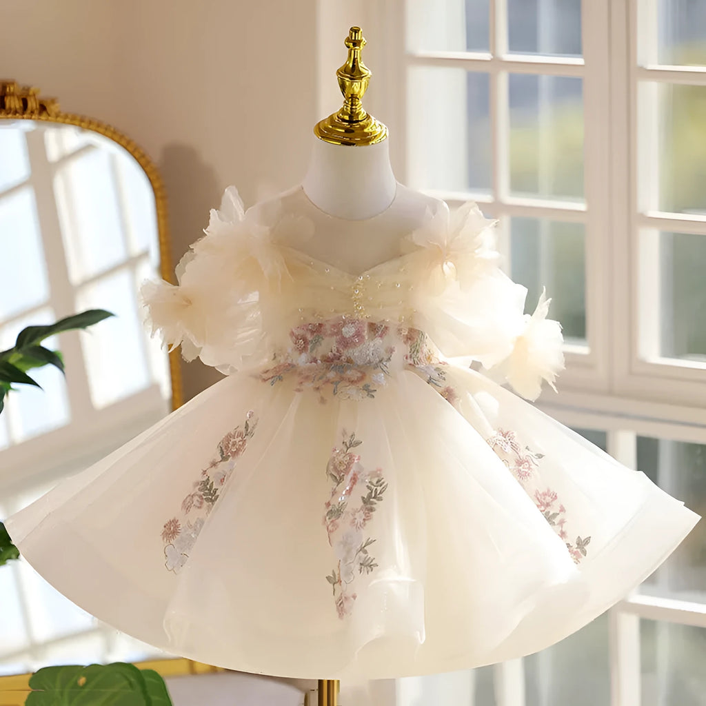 Girls' light champagne princess dress for birthday and performance, height sizes 80cm to 150cm, polyester lining and main fabric