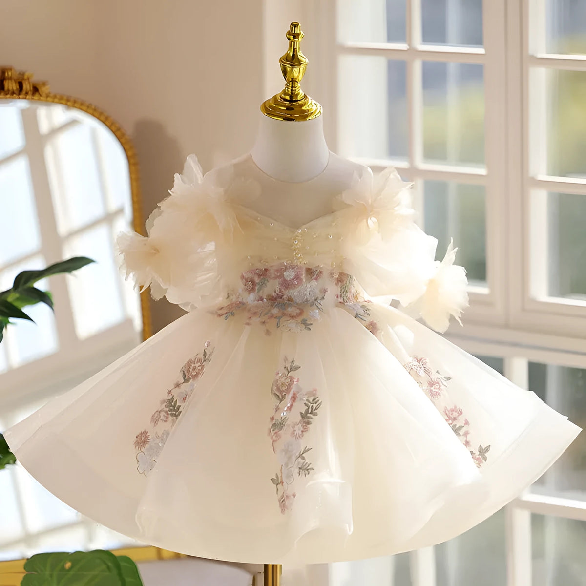 Girls' light champagne princess dress for birthday and performance, height sizes 80cm to 150cm, polyester lining and main fabric