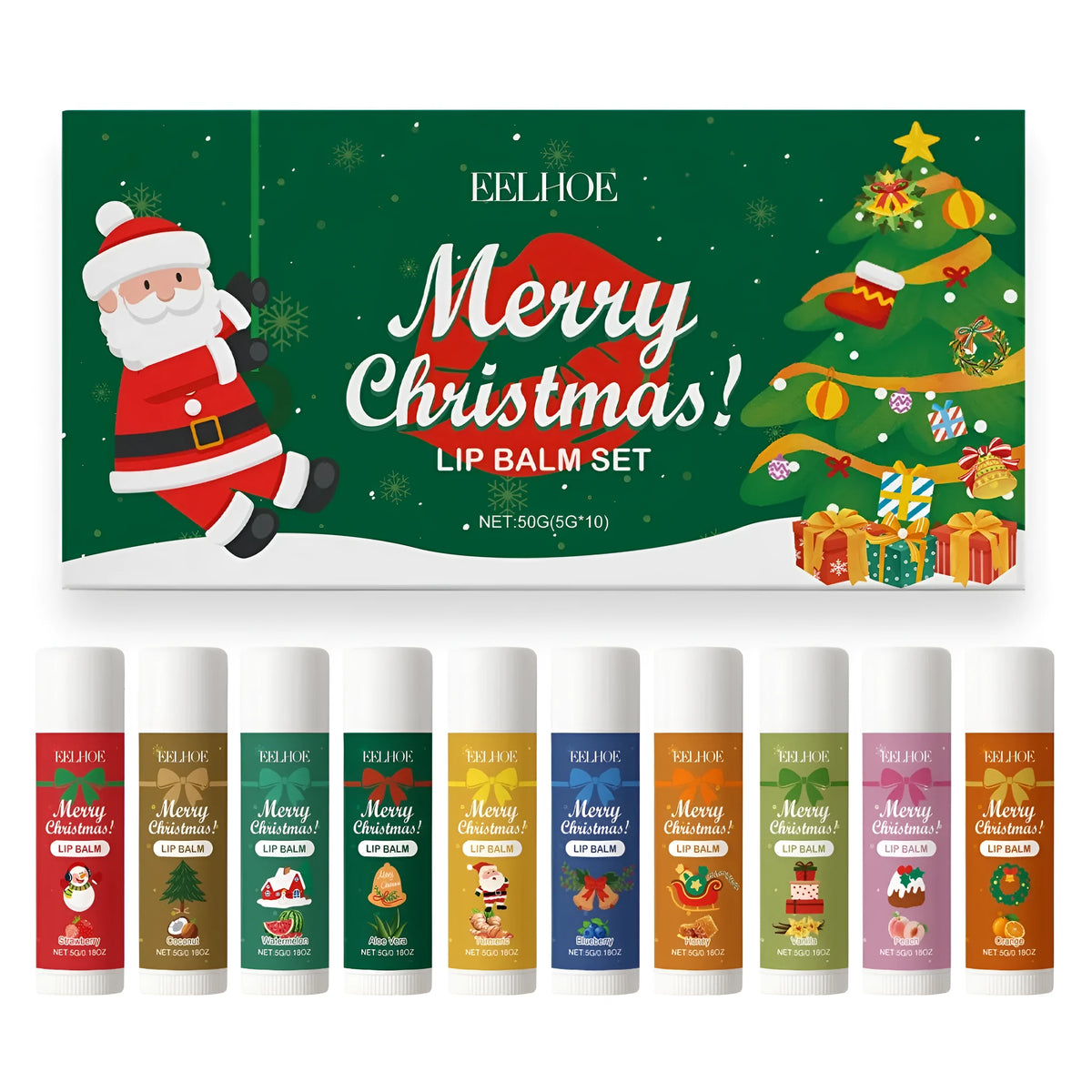 Christmas Limited Lip Balm Set with ten flavoured balms including Vanilla Blueberry Honey Coconut and Aloe