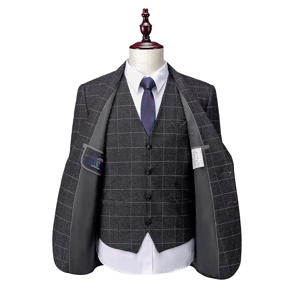 Men's business suit in dark grey polyester, Korean slim fit style with two-button placket and trousers