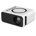 YT300 black portable mini projector with remote control on table showing projection