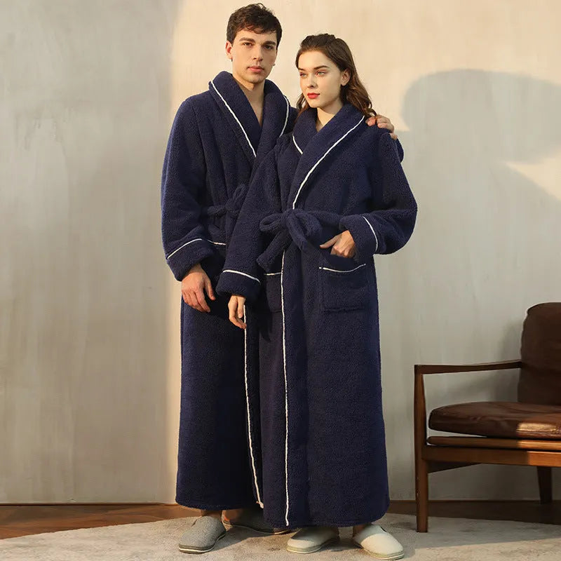 Long, thick grey flannel bathrobe with tie belt, worn as a winter nightgown.