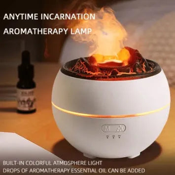 White round ultrasonic aroma diffuser humidifier with timer buttons on a desk.